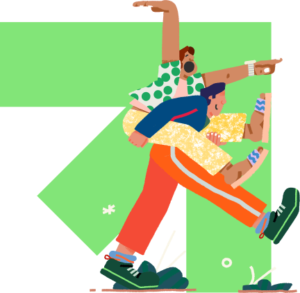 Two joyful figures, one piggybacking the other, symbolising support. They are depicted with vibrant colours, moving forward with joy